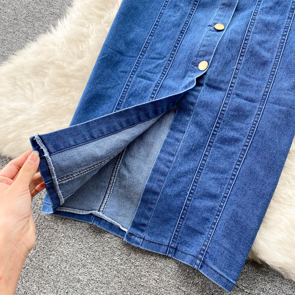 Slimming A-line denim skirt with lace-up waist for women