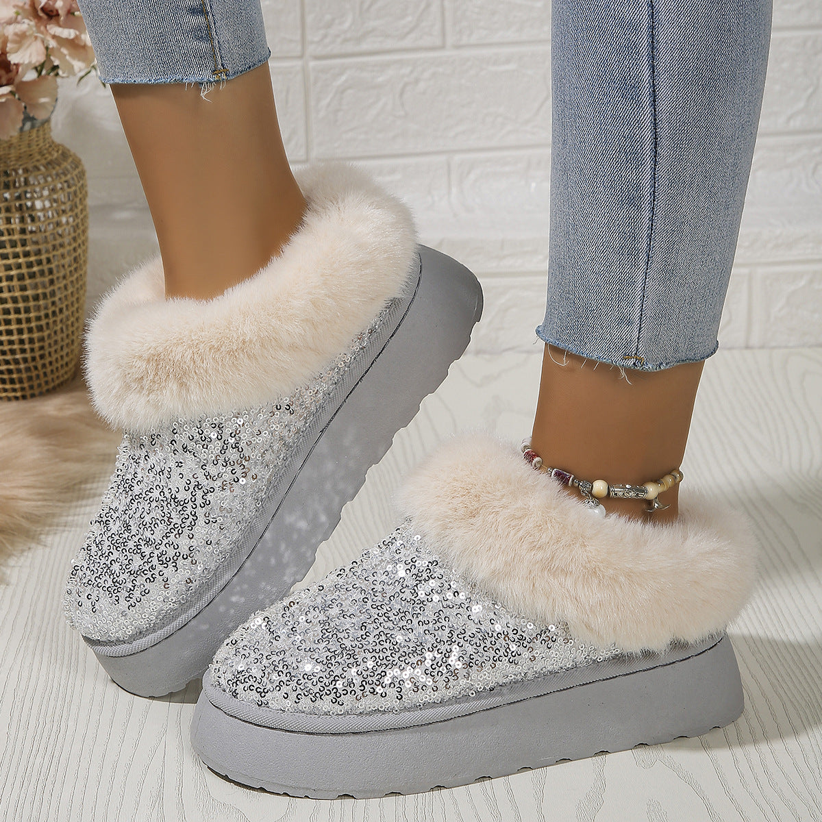 Scarpe in peluche con suola spessa con paillettes