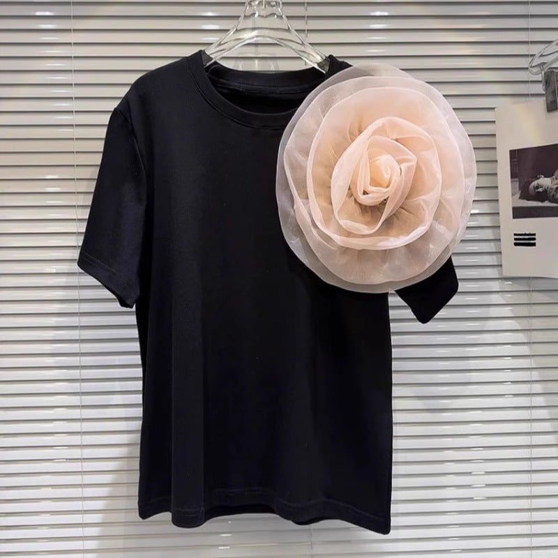 T-shirt casual con scollo rotondo e grande fiore