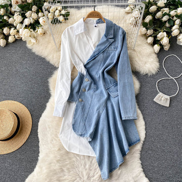 Irregular shirt stitching denim dress with long sleeves