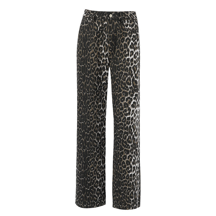 Pantaloni casual a vita alta con stampa leopardata