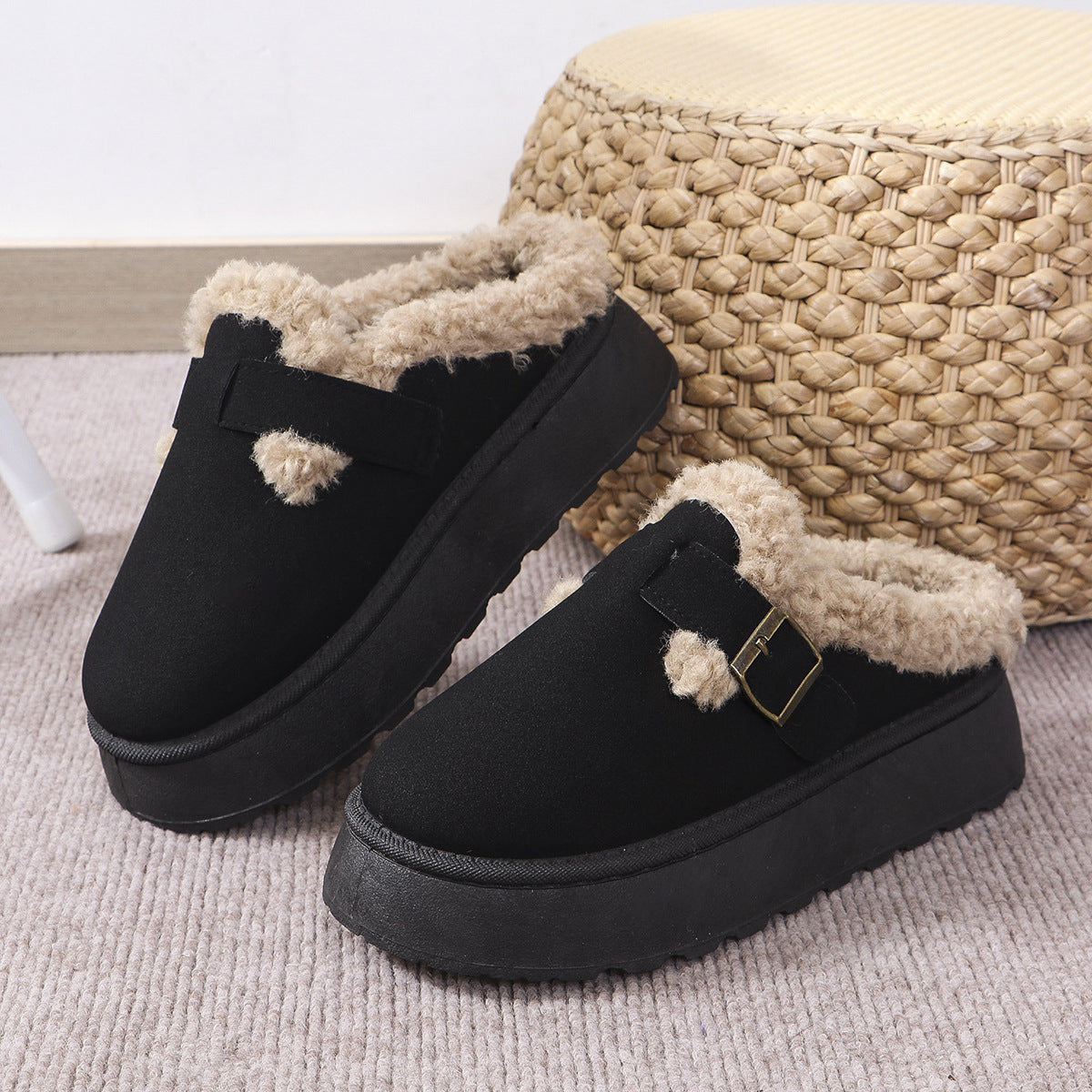 Pantofole in cotone con fibbia in peluche con suola spessa