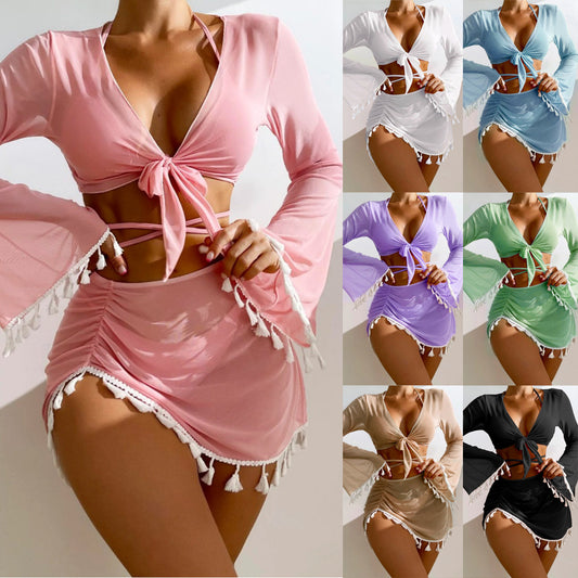 4-piece solid color bikini with short skirt and long sleeves