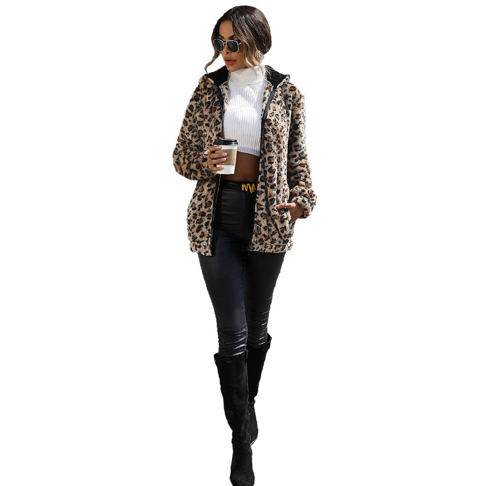 Giacca casual ampia in velluto fronte-retro con stampa leopardata a maniche lunghe con cappuccio da donna - Ame Morena