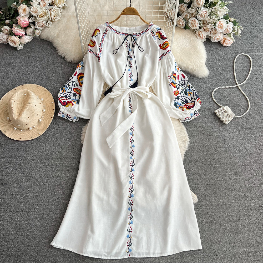 Embroidered crew-neck dress with long sleeves