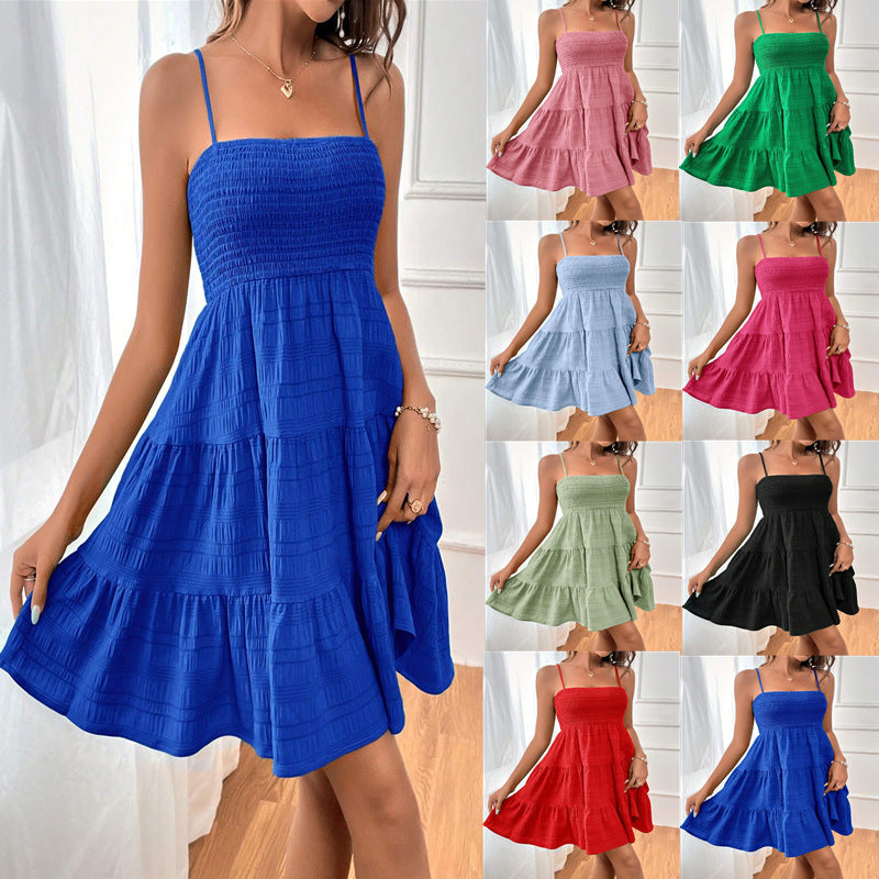 Pleated summer dress with square collar