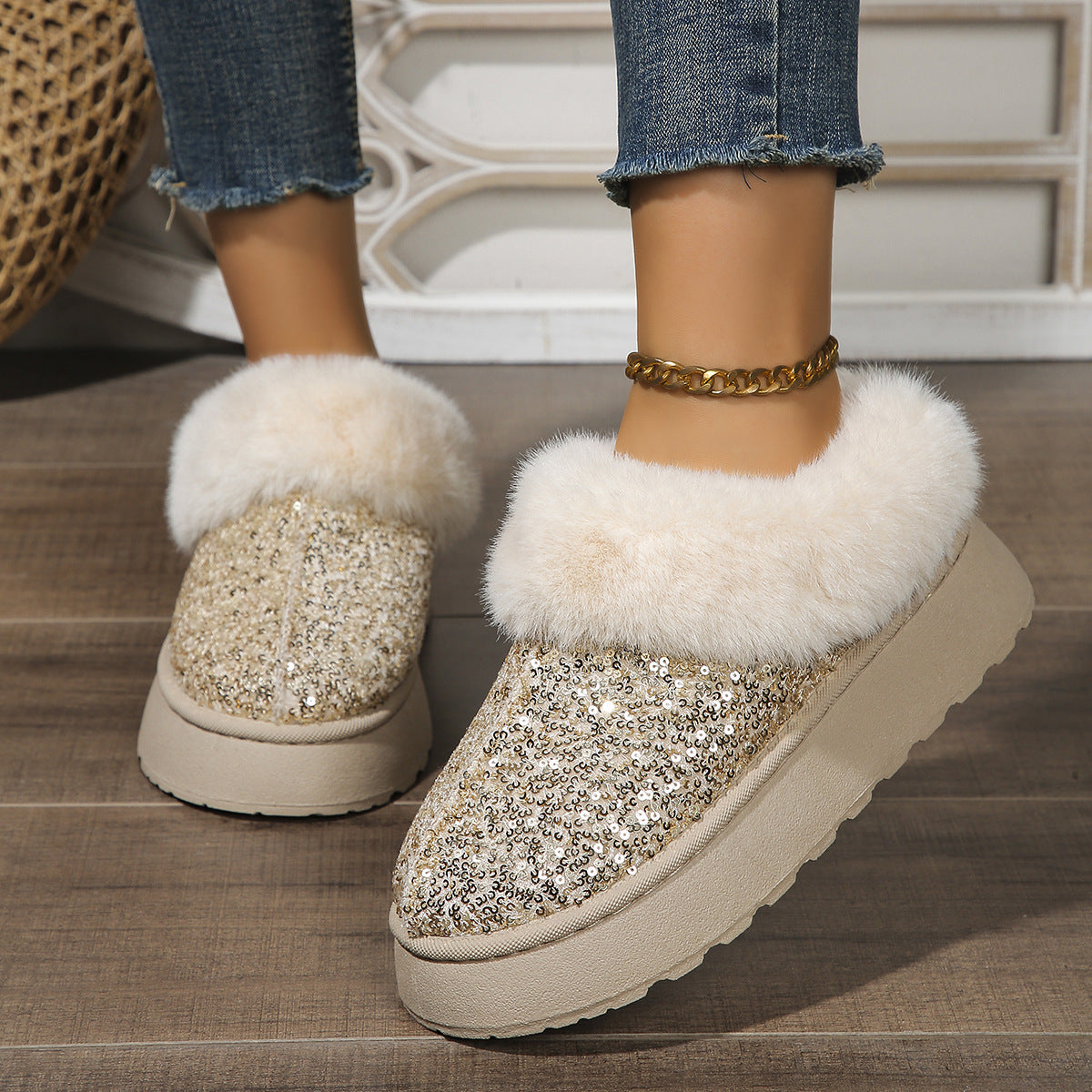 Scarpe in peluche con suola spessa con paillettes