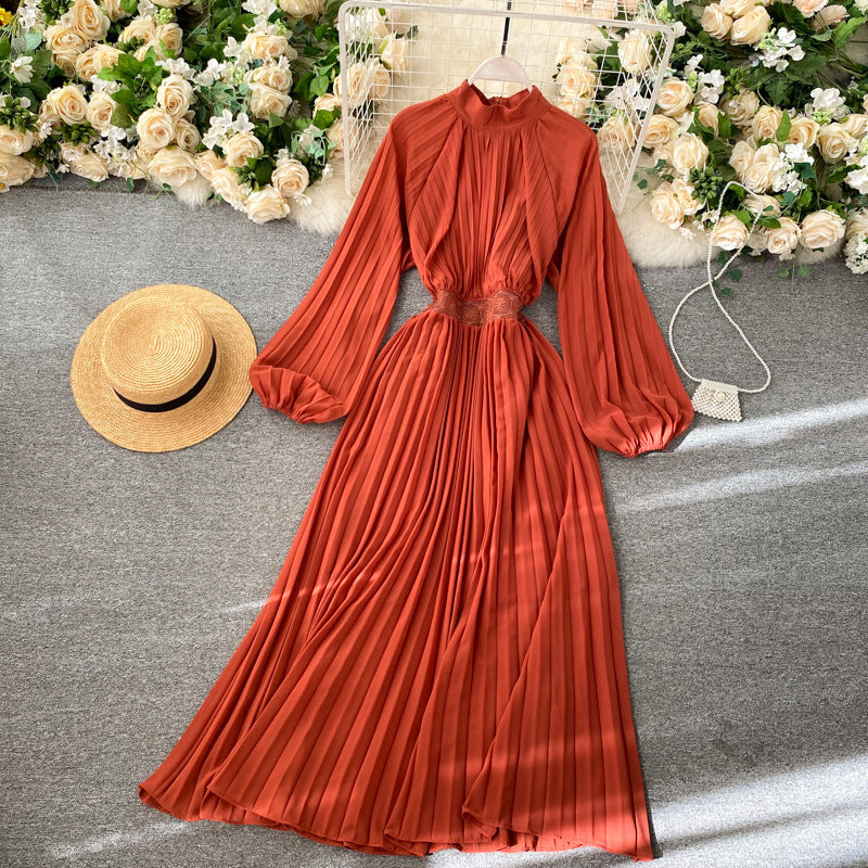 Retro crew neck pleated dress with puff sleeves