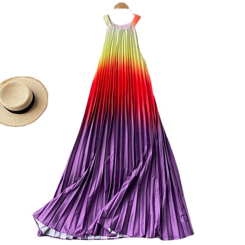 Loose pleated long dress with gradient color temperament