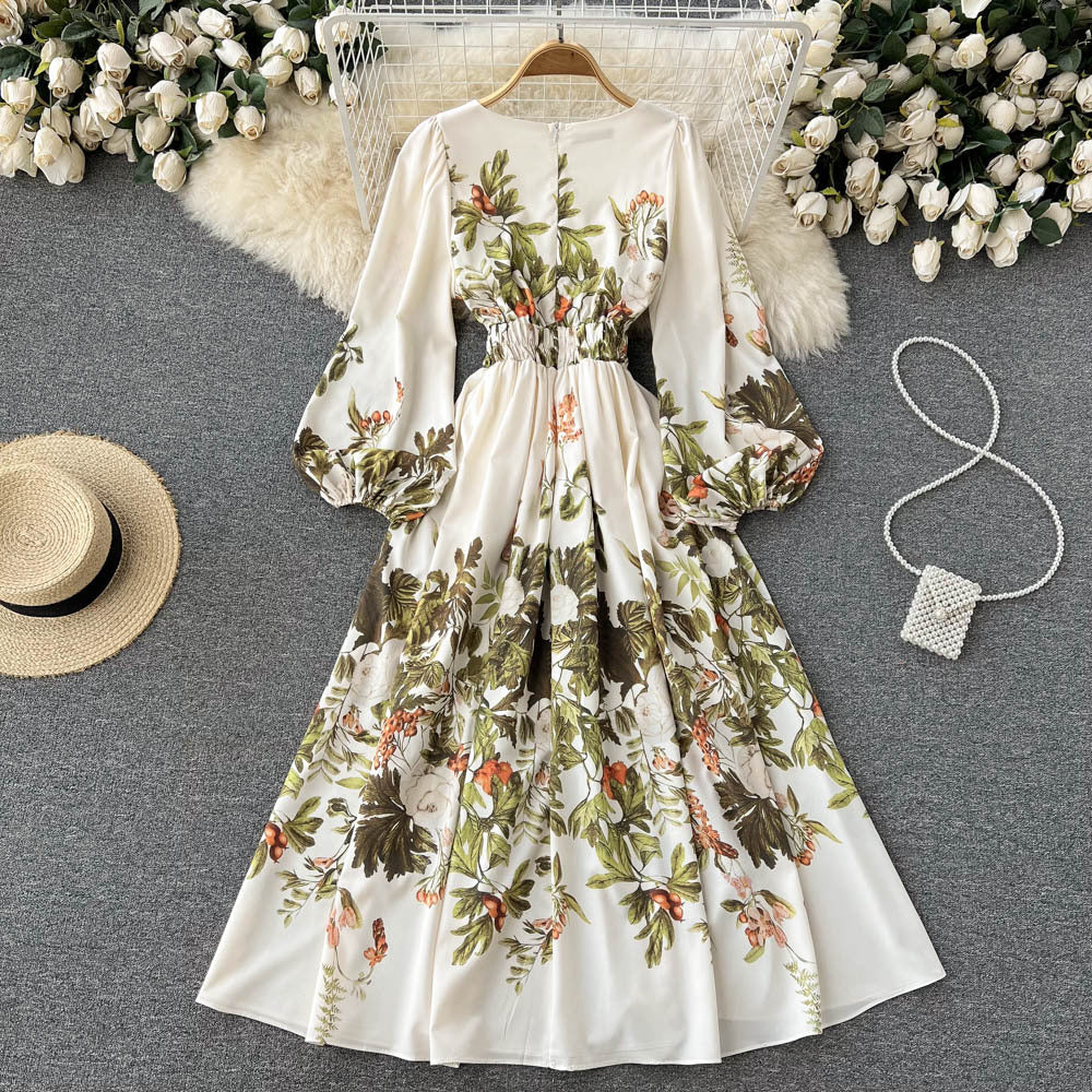 French Retro Literary V-Neck Floral Dress