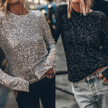 Camicia girocollo a maniche lunghe con paillettes