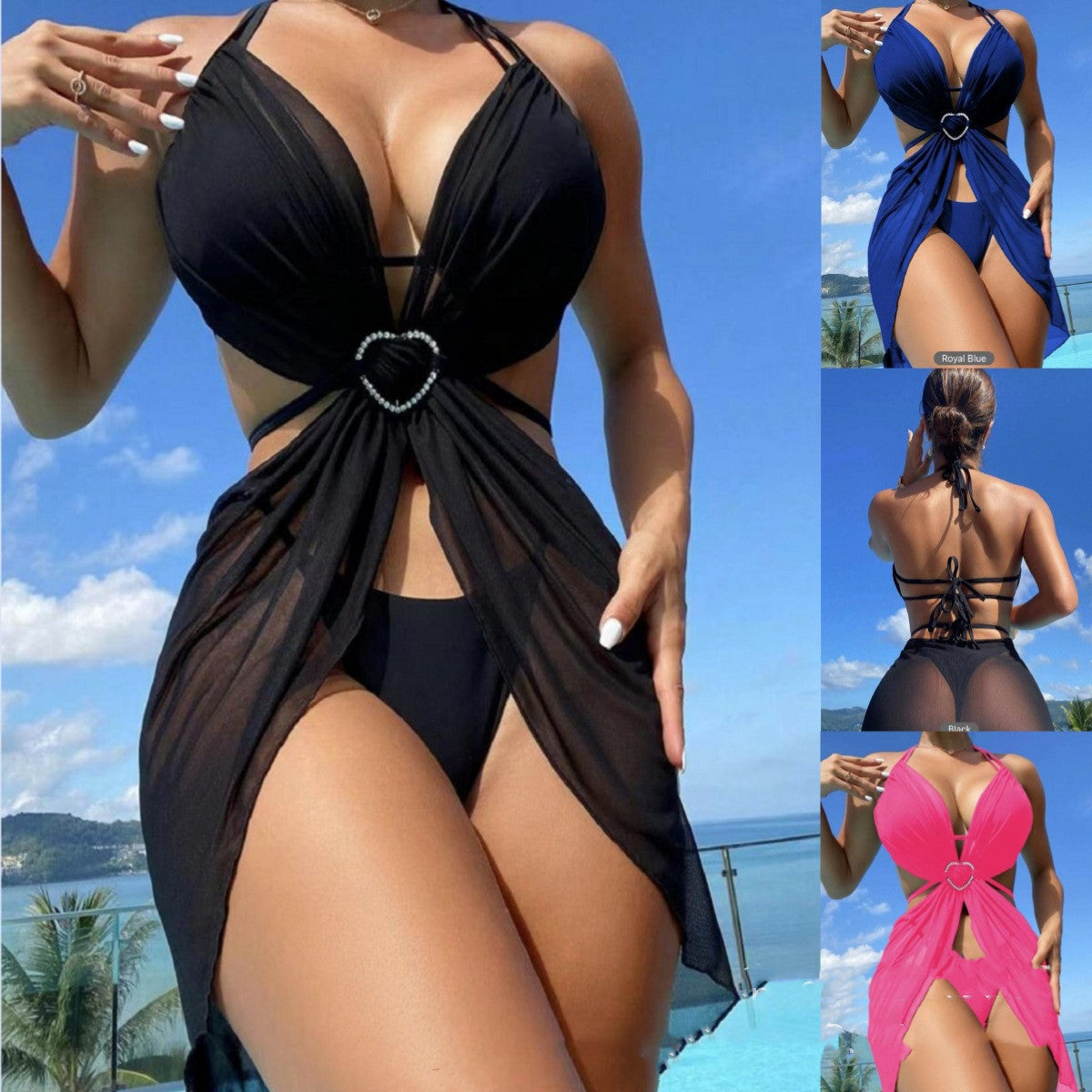 Costume da bagno bikini a tre pezzi diviso in tinta unita da donna