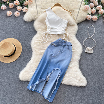 Two-piece set with shoulder vest and denim skirt with irregular raw hem