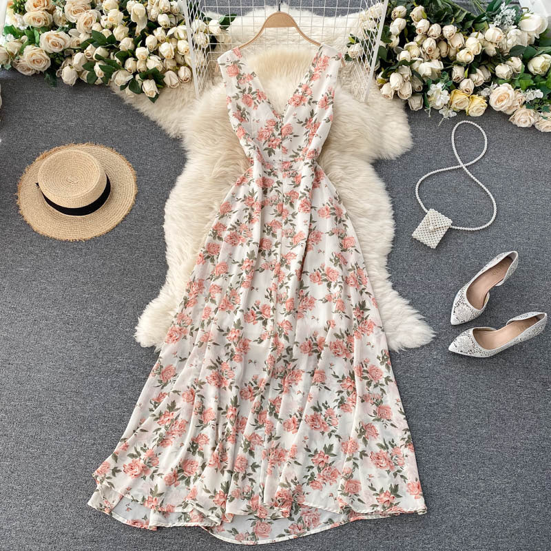 Slimming Chiffon Floral Long Dress with V-Neck