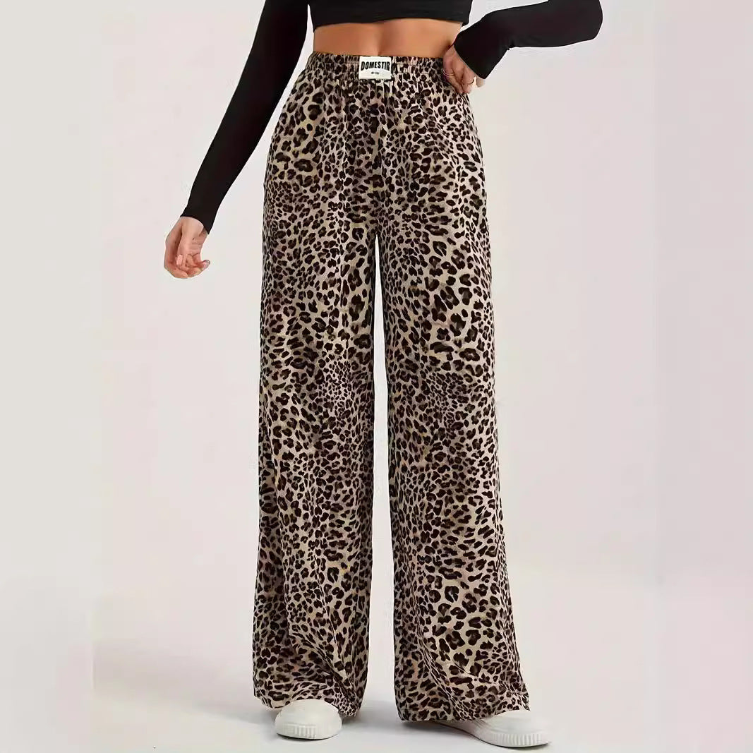 Pantaloni a vita alta casual dritti con stampa leopardata