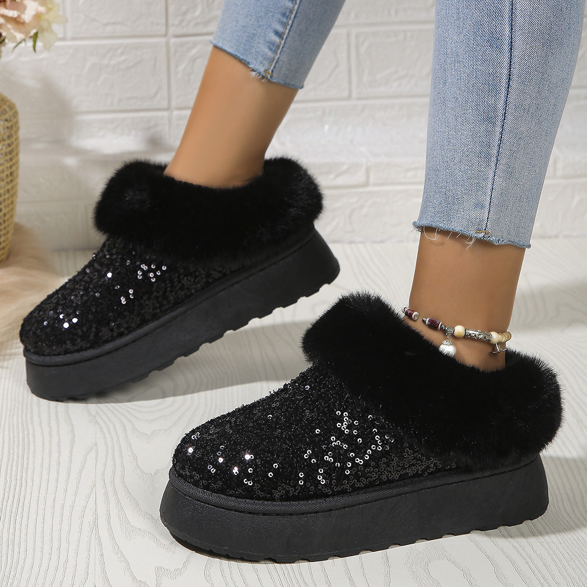 Scarpe in peluche con suola spessa con paillettes