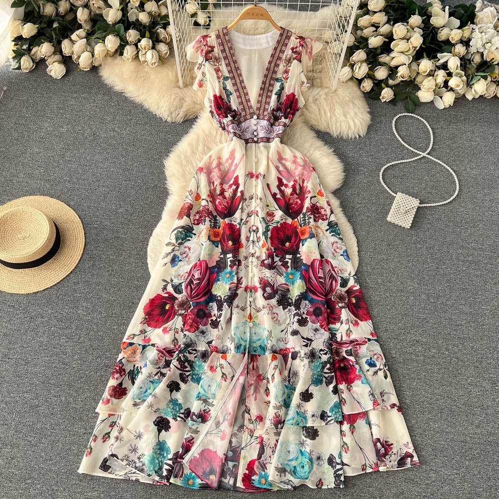 Long printed women's dress with deep V-neck