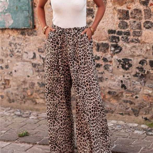 Pantaloni a gamba larga con tasca stampa leopardata