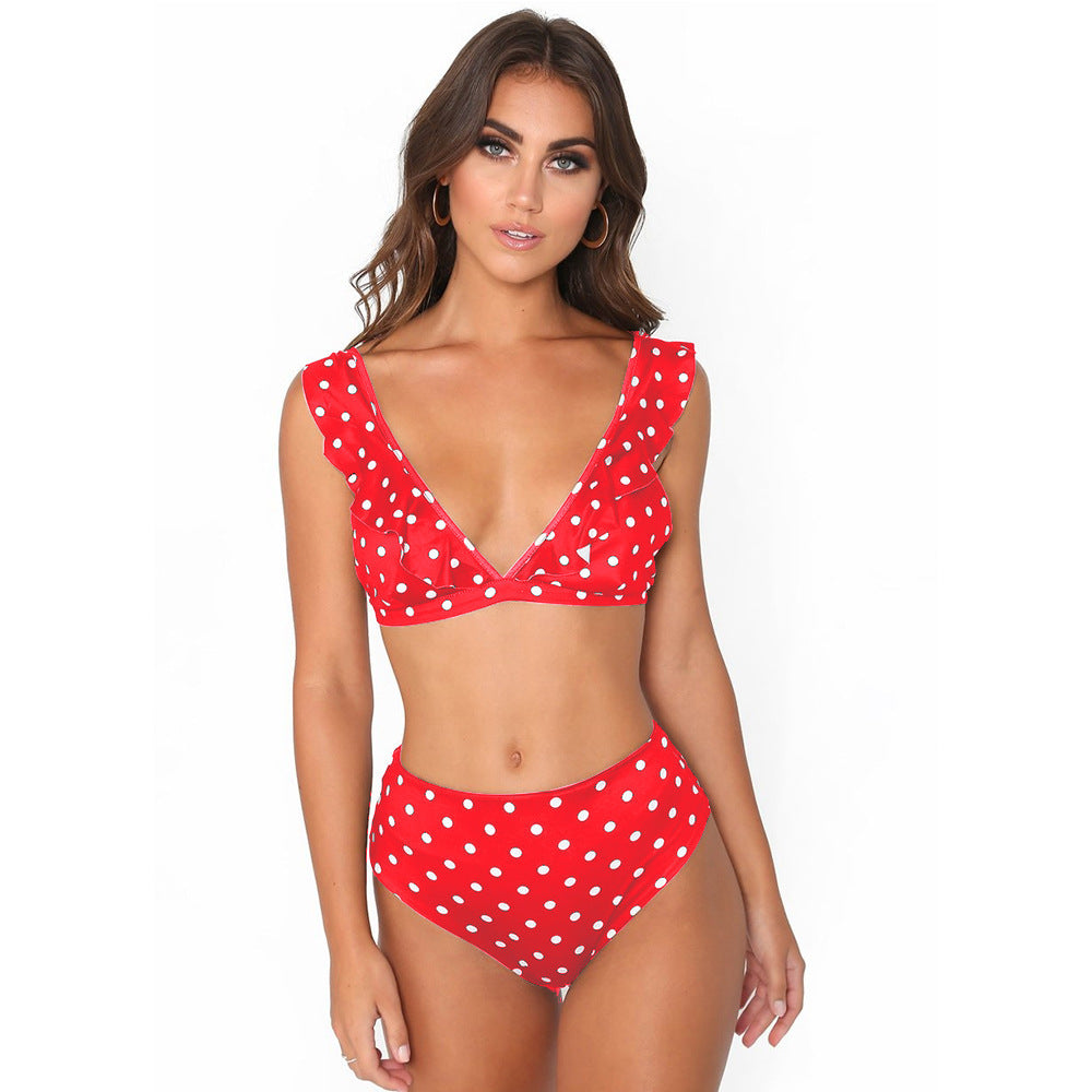 Swimsuit with black and white polka dot print