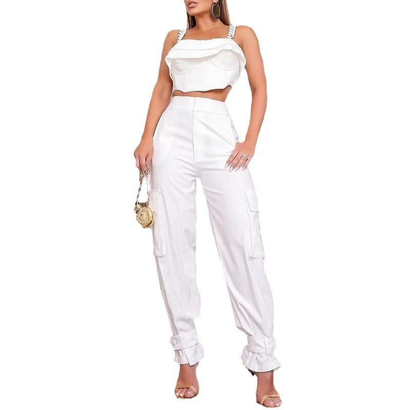 Women's Solid Color Square Collar High Waisted Ankle Halter Pants Suit