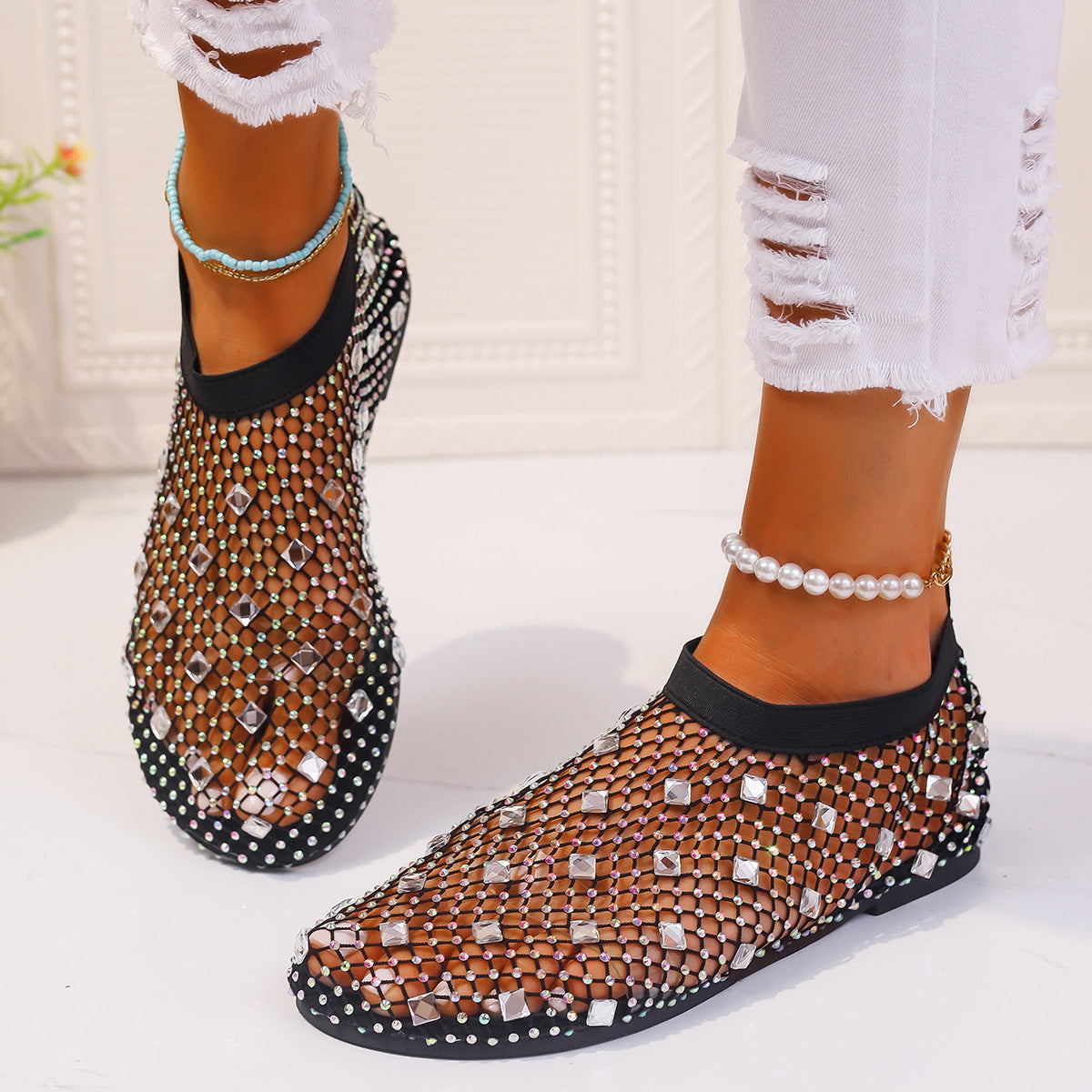 Flat mesh sandals with rhinestone design