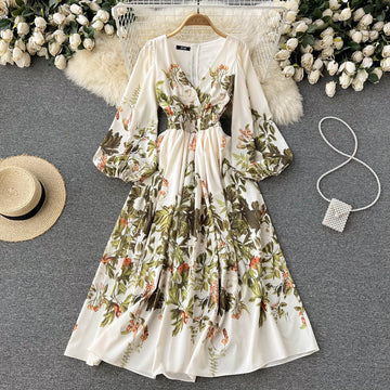 French Retro Literary V-Neck Floral Dress