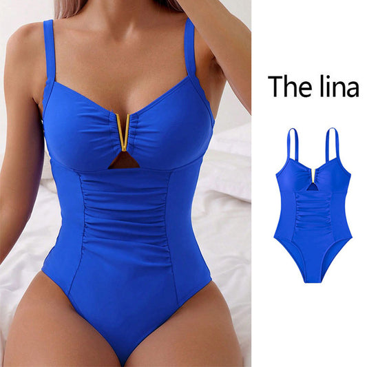One-piece swimsuit with V-neck
