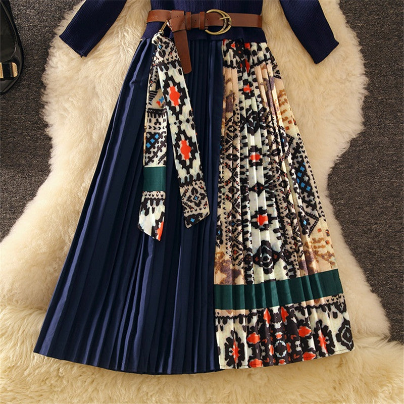 Patchwork dress with printed pleated skirt