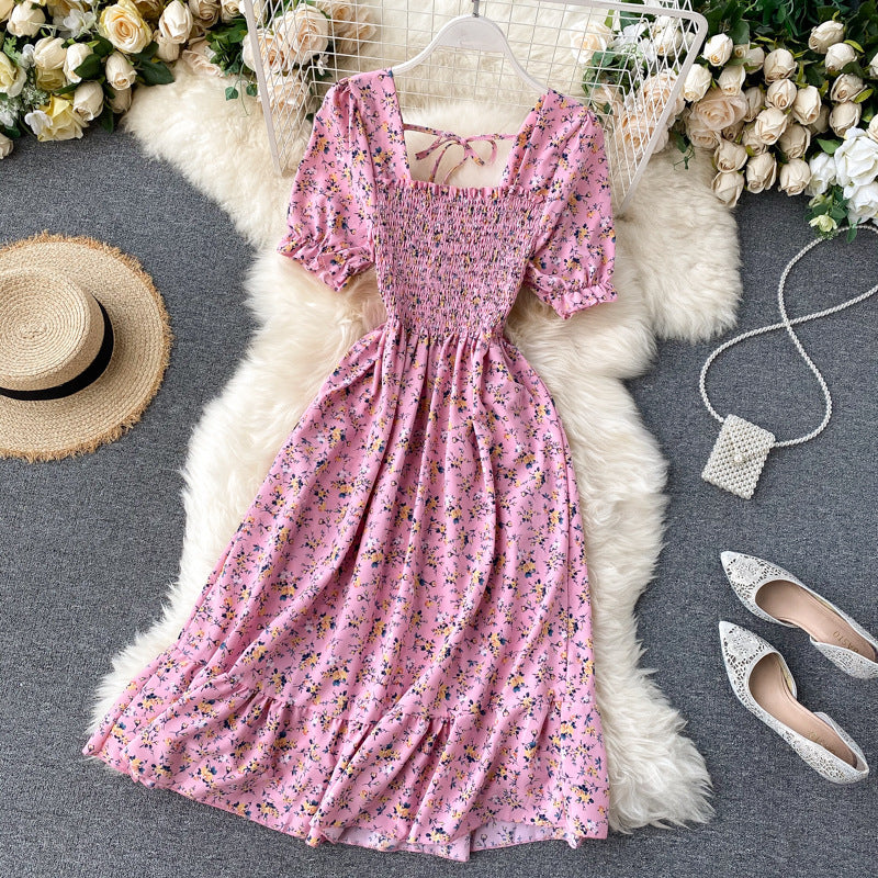 Women's Fashion Square Neck Pleated Chiffon Dress