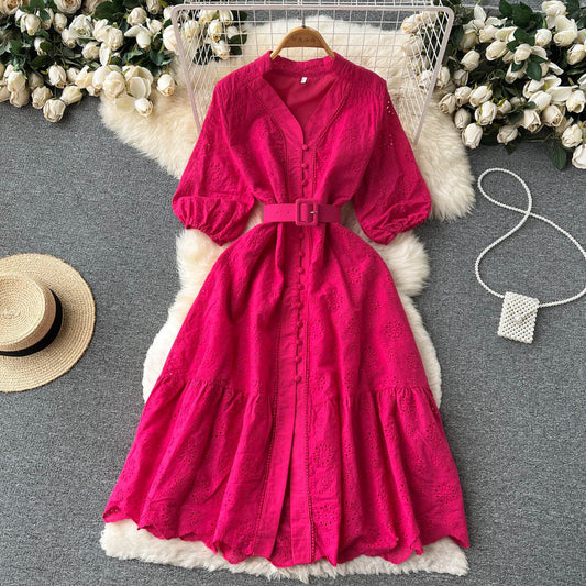 Hollow dress with V-neck and puff sleeves for women
