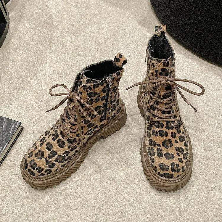 Stivali con Fondo Spesso e Lacci con Stampa Leopardata