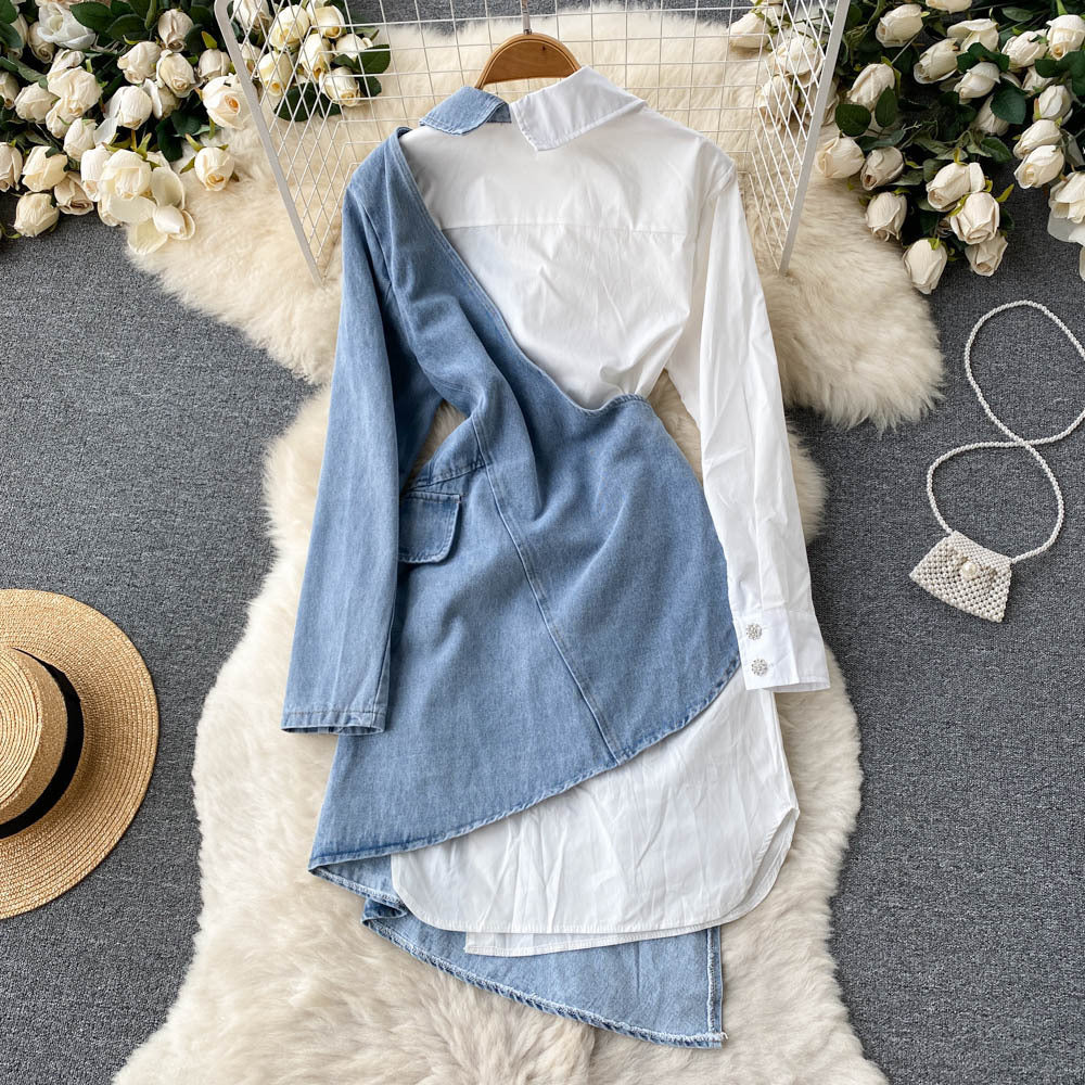 Irregular shirt stitching denim dress with long sleeves