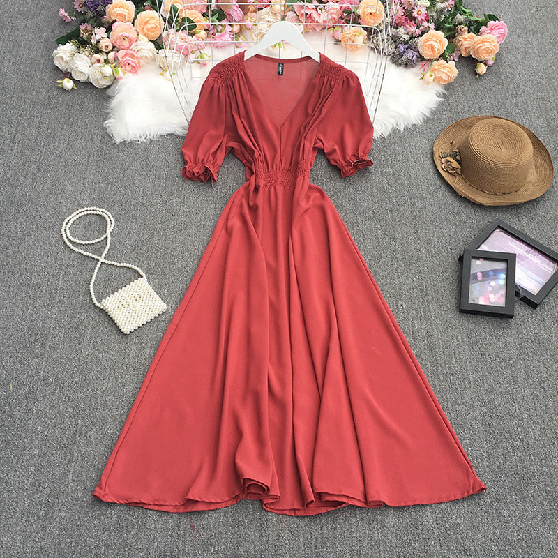 Women's V-Neck Puff Sleeve Dress