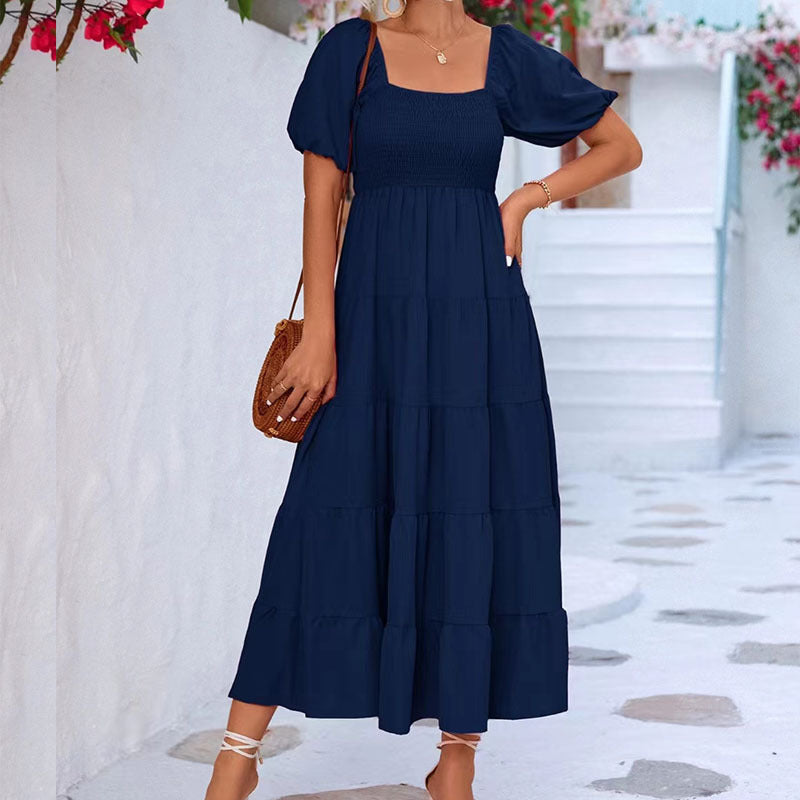 Short-sleeved A-line midi dress with square collar in solid color