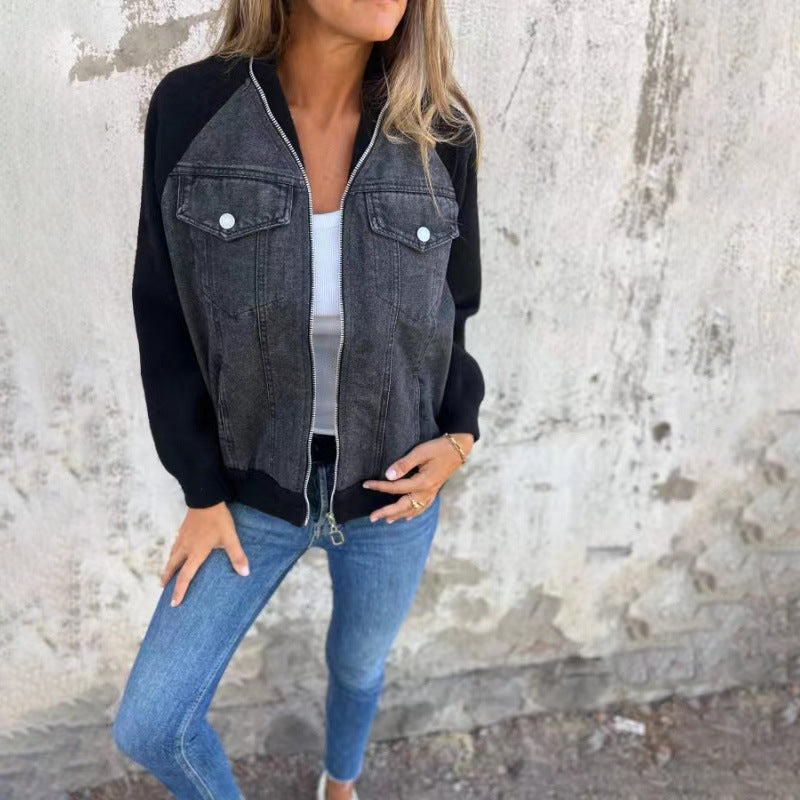 Giacca in denim casual con cerniera e cappuccio