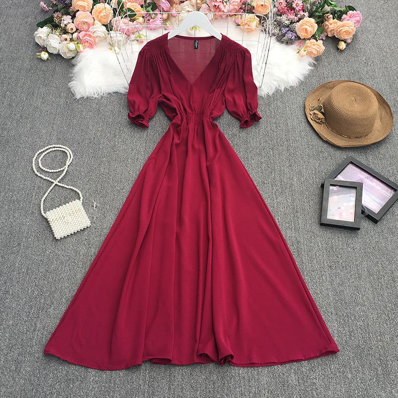 Women's V-Neck Puff Sleeve Dress