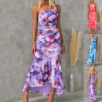 One-shoulder dress with flower print