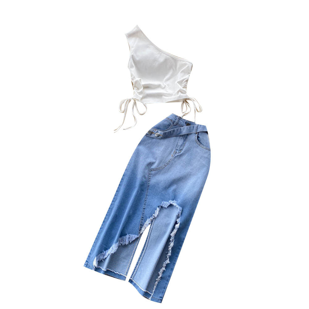 Two-piece set with shoulder vest and denim skirt with irregular raw hem