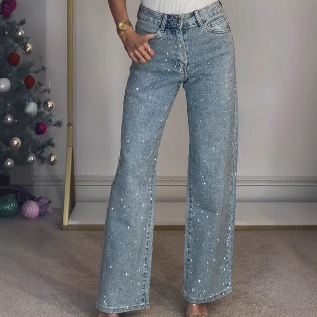 Jeans donna vita alta dritti con strass blu
