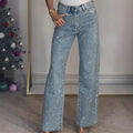 Jeans donna vita alta dritti con strass blu
