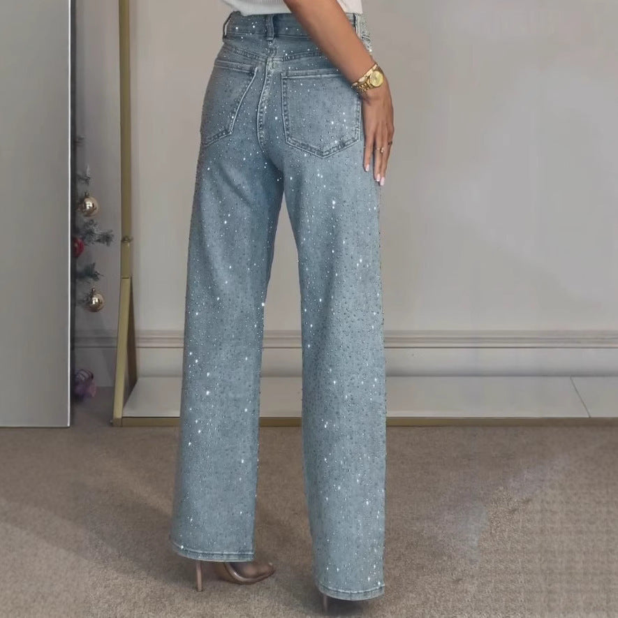 Jeans donna vita alta dritti con strass blu
