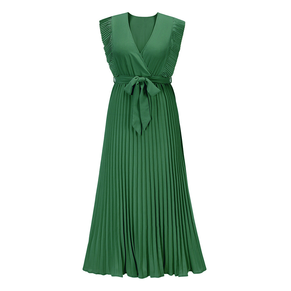 Solid color chiffon dress with ruffled sleeves