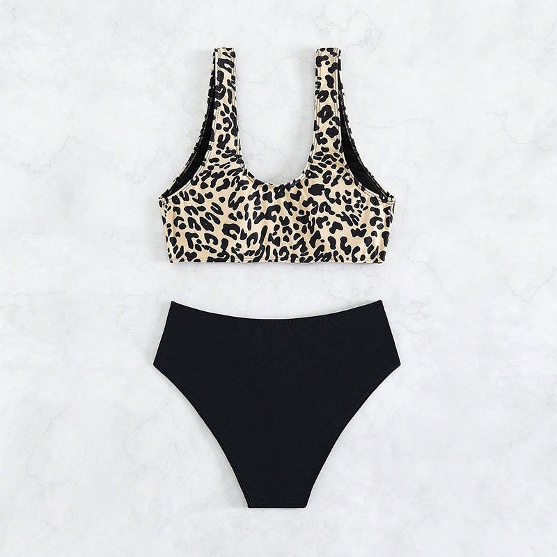 Costume da bagno bikini a vita alta con scollo a V con stampa leopardata per donna - Ame Morena