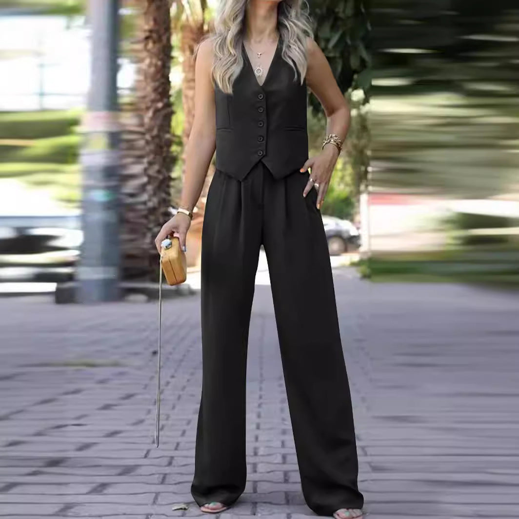 Sleeveless vest with loose fitting trousers