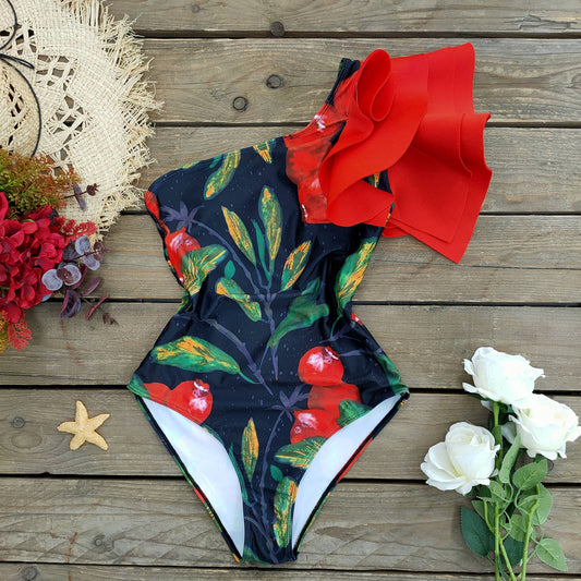 Red printed diagonal women's one-piece swimsuit