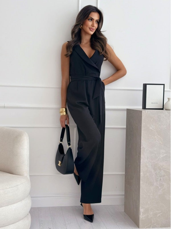 Women's sleeveless jumpsuit with V-neck and trim at the waist