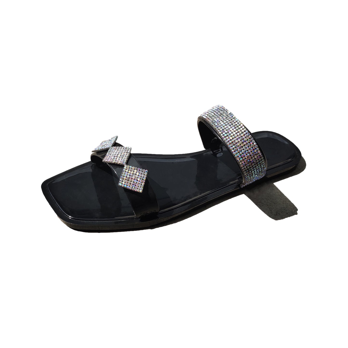 Sandali con diamanti leggeri a due cinturini con punta quadrata