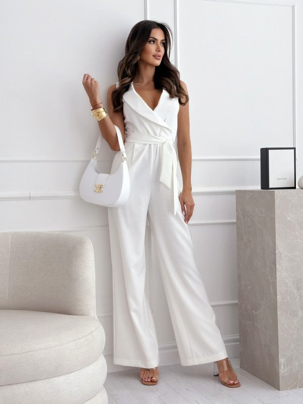 Women's sleeveless jumpsuit with V-neck and trim at the waist