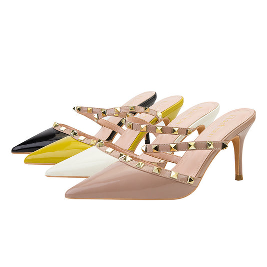 Women's patent leather sandals with metal rivets