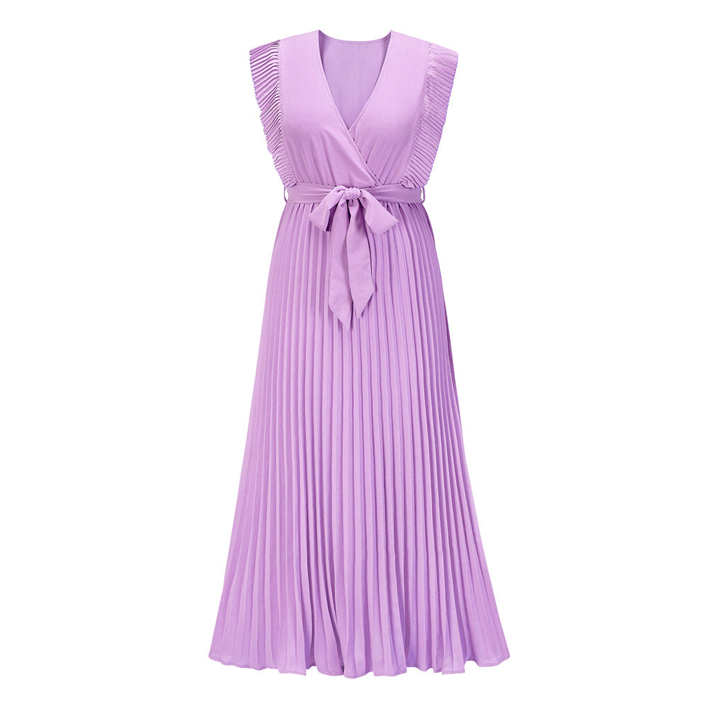 Solid color chiffon dress with ruffled sleeves